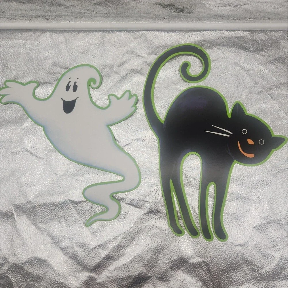 Die Cut Ghost & Cat Cartoon Neon Green Halloween Decoration Beistle Co 70s VTG